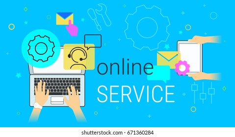 Online service and technical support on laptop concept vector illustration. Human hands working on laptop and digital tablet for maintenance and online feedback support. Creative promo banner for tech