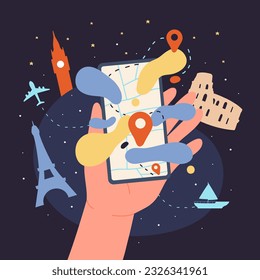 Servicio en línea, concepto de guía turística. Aplicación de guía virtual para la búsqueda de destinos de viaje. Turistas de dibujos animados sostienen a mano un teléfono móvil con mapa de la ciudad y dirección de la carretera en la pantalla de ilustración vectorial plana