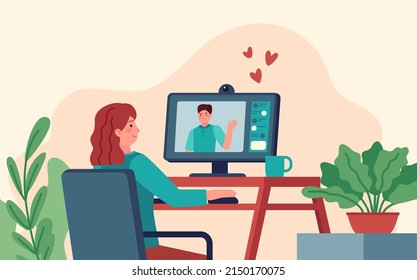 Servicio en línea para relación virtual y aplicación de citas. Relación de amor con vectores en línea, ilustración del servicio de citas de aplicaciones