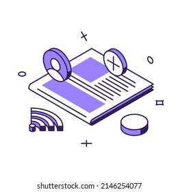 Online service web site reading global local news content creating 3d icon isometric vector illustration. Internet business report information newspaper data webpage social networking application