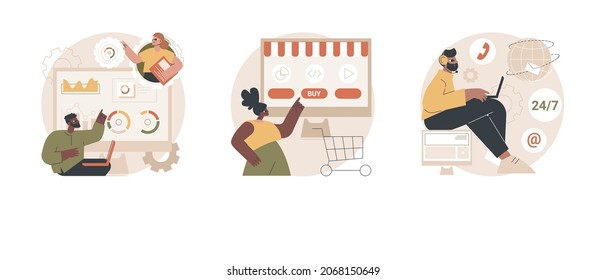 Conjunto de ilustraciones vectoriales de concepto abstracto de servicios en línea. Equipo de análisis SEO, mercado de servicios digitales, 24 para 7 servicios, promoción de internet, soporte técnico, metáfora abstracta de call center.