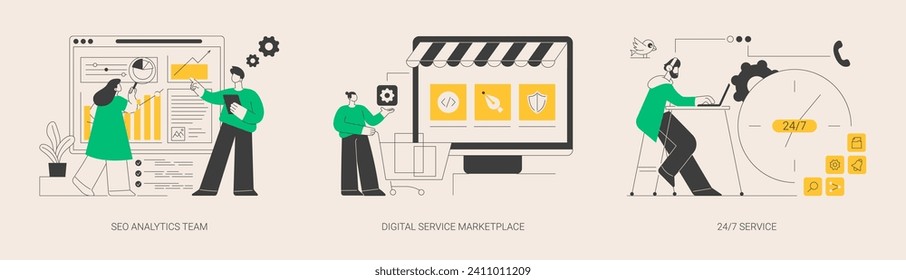 Online services abstract concept vector illustration set. SEO analytics team, digital service marketplace, 24 for 7 service, internet promotion, technical support, call center abstract metaphor.