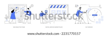 Online services abstract concept vector illustration set. SEO analytics team, digital service marketplace, 24 for 7 service, internet promotion, technical support, call center abstract metaphor.