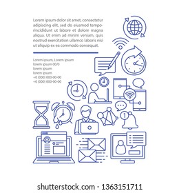Online services article page vector template. Web chatting, working. Brochure, magazine, booklet design element with linear icons and text boxes. Print design. Concept illustrations with text space