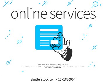 Online services concept. Human hand and dialogue window isolated on white background. Hand drawn sketch style. Order online. Vector illustration.