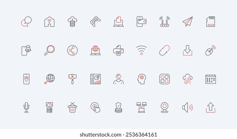 Serviços online para download de dados, análise de gráficos, planejamento de negócios, conjunto de ícones de linha de mídia social. Vídeo, microfone, localização, notificação de aplicativo fino preto e vermelho símbolos de contorno ilustração vetorial