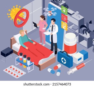 Online services isometric background with diseased man lying in bed at home and medical staff providing treatment remotely with smartphone vector illustration