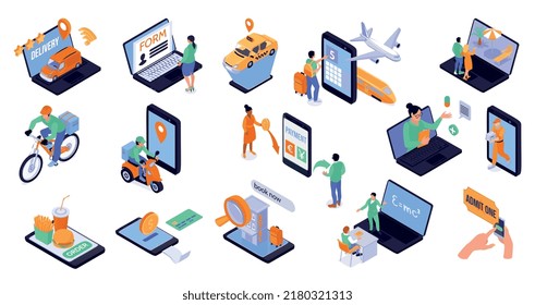 Online services isometric set of people used gadgets for booking order delivery and remote education isolated vector illustration