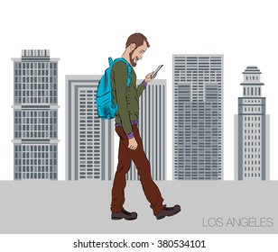 Online services on the smartphone. Entertainment and business through cloud technology. Man is walking in city of Los Angeles with a mobile phone. Vector illustration for presentation of mobile app