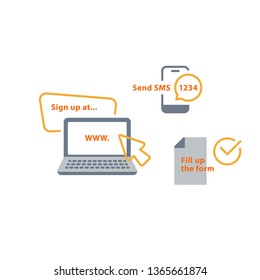 Online services, phone message notification, receive authentication code, send sms, web site promotion, internet marketing, fill up form list, advertising concept, vector line icons
