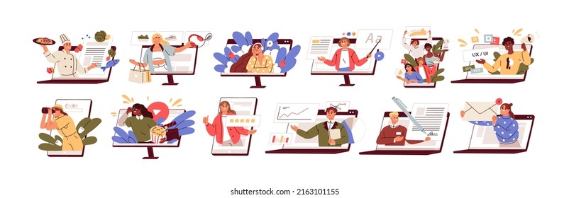 Online services, platforms set. Tiny people peeking out of computer, phone screens with education, business, entertainment app, web site. Flat graphic vector illustration isolated on white background