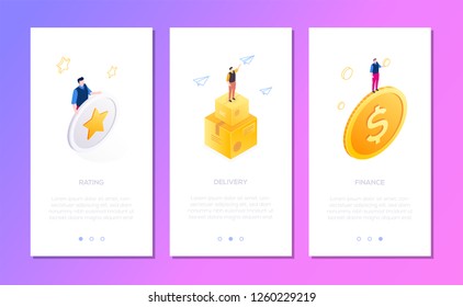 Online services - set of isometric vector vertical web banners with copy space for text. Colorful templates with businessman on containers, dollar coin, star sign. Rating, delivery, finance concepts
