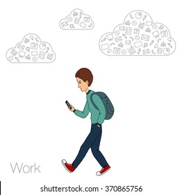 Online services in the smartphone. Entertainment and business via cloud technologies. Walking guy with a mobile phone. Icons applications smartphone. Vector illustration