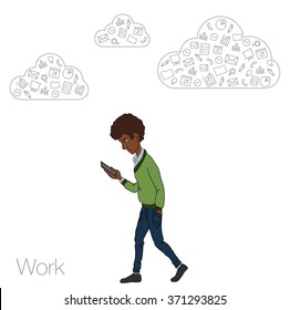 Online services in the smartphone. Entertainment and business via cloud technologies. Walking guy with a mobile phone. Icons applications smartphone. Vector illustration