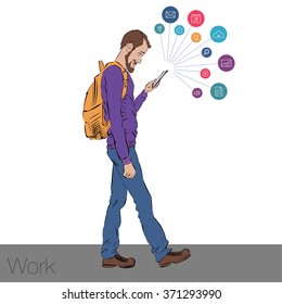 Online services in the smartphone. Entertainment and business via cloud technologies. Walking guy with a mobile phone. Icons applications smartphone. Vector illustration