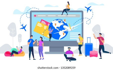 Online Services for Travelers Flat Vector Concept. People Searching Flight Schedule with Smartphone, Reserving Hotel, Booking Airline Tickets in Internet Illustration. Summer Vacation Journey Planning