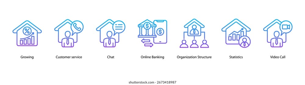 Ilustração de vetor de banner da Web de Serviços Online com Growing, atendimento ao cliente, bate-papo, bancos on-line, estrutura da organização, estatísticas e videochamada.
