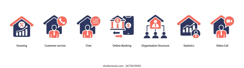 Servicios en línea Ilustración vectorial de Anuncio de Web que ofrece crecimiento, Servicio al cliente, chat, banca en línea, estructura de Organización Video, estadísticas y llamadas.