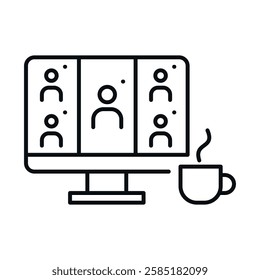 Online session icon with participants and cup of coffee on table in afternoon