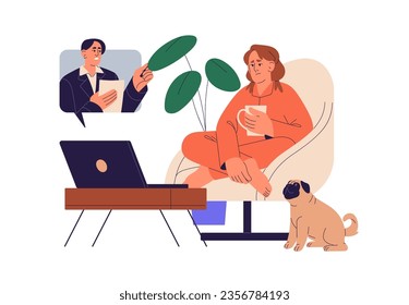 Online session of psychotherapy, psychology at home. Psychotherapist help client on distance, remote therapy, talk about mental health, disorder and problem. Flat isolated vector illustration on white