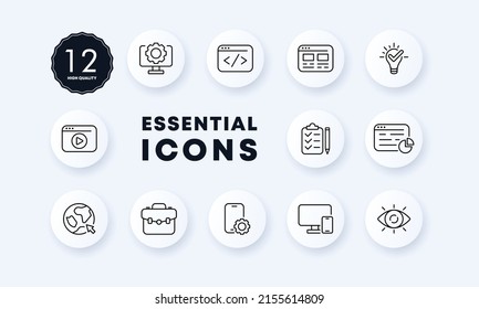 Online set icon. Setting, back and forth arrows, website, lamp, video, clipboard, planet, briefcase, eye, etc. Business concept. Neomorphism style. Vector line icon for Business and Advertising