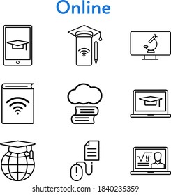 online set. included cloud library, audiobook, professor, smartphone, student-laptop, school, student-tablet, click, microscope icons. linear styles.