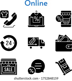 online set. included online shop, 24-hours, wallet, shop, chat, phone call, delivery truck, trolley icons. filled styles.