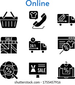 online set. included online shop, shop, phone call, shopping-basket, delivery truck, internet icons. filled styles.