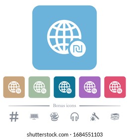 Online Shekel payment white flat icons on color rounded square backgrounds. 6 bonus icons included