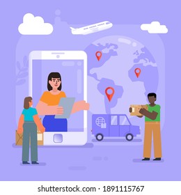 Online shipment tracking, delivery service, transportation. Group of people stand near big screen. Modern vector illustration