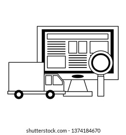 Online shipping from computer in black and white