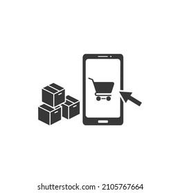 Online shipping icon, e-commerce, click with collect order, phone consumer, pick and receive box, editable stroke vector illustration