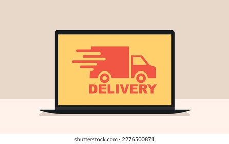 Online shipping on laptop, fast shipping and tracking, bistro shipping icon, flat vector illustration on a beautiful background