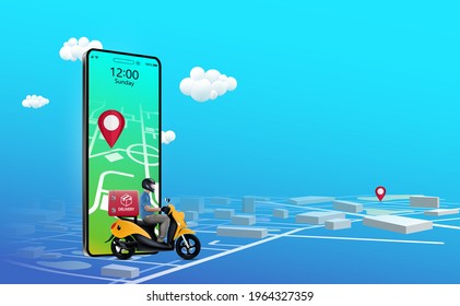 Online shipping through the application. the mobile app on phone screen to transport food products and fast delivery services by motorcycle through heavy traffic routes in city, concept navigation with GPS