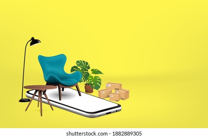 Online shipping through the application on the mobile phone screen to home Interior decoration order products, concept business shopping with technology on yellow background for vector illustration 1