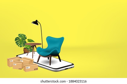 Online shipping through the application on the mobile phone screen to home Interior decoration order products, concept business shopping with technology on yellow background for vector illustration 2