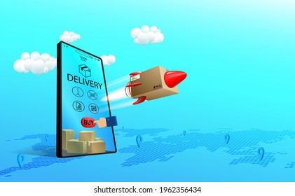 Online Shipping Through The Application On The Mobile Phone Screen To Order Products And Transport Internationally Like A Rocket Around The World, Concept Business Delivery Service Fast Of Speed