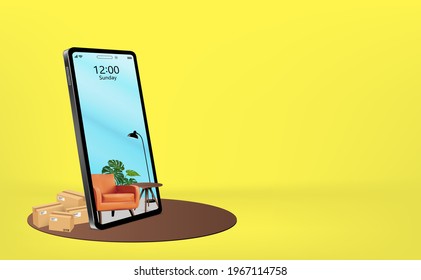 Online shipping through the application on the mobile phone screen to home interior decoration order products, concept business shopping with technology on yellow background for vector illustration