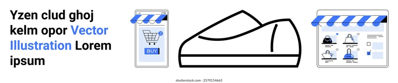 Online shoe store concept with a large shoe in the center, mobile phone shopping cart on the left, and storefront display on the right. Ideal for e-commerce, online shopping, retail, digital