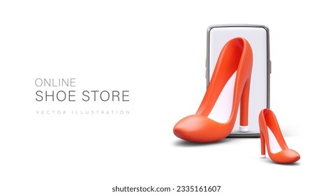 Online shoe store. Mobile application advertising. Selection, order and payment. Huge 3D smartphone and red high heeled shoes. Concept with place for text