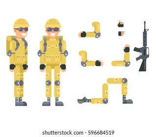 Online shooter gamer soldier immersion virtual reality living room battlefield design character vector illustration