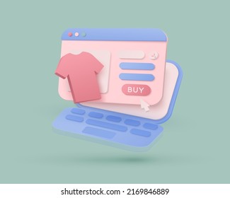 Online shop 3D with clothes on green background render vector illustration.