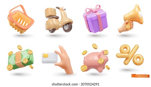 Online shop 3d render realistic vector icon set. Basket, delivery, gift, promotion, payment, card, bonus, discounts - Shutterstock ID 2070524291