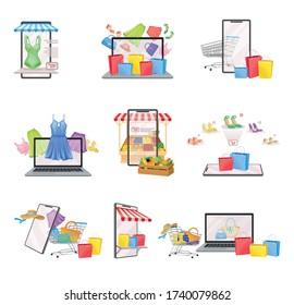 Online Shop App on Smartphone and Laptop Screen with Shopping Items in Basket Vector Set