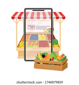 Online Shop App on Tablet Screen with Greengrocery Items in Cart Vector Illustration