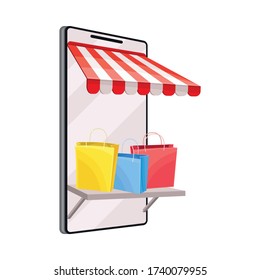 Aplicación de tienda en línea en pantalla de Tablet con bolsas de compras e iluminación de vectores de carro