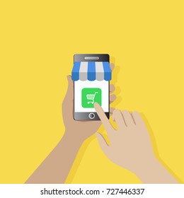 Online shop app screen mobile. Online shopping concept with man holding smartphone and e-commerce icons vector illustration