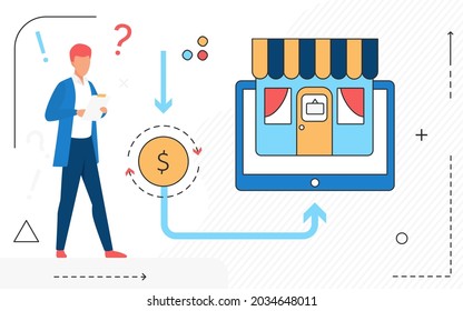 Online shop app technology, man character and mobile store line icons isolated on white