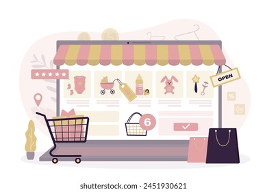 Online shop application on laptop screen. Shopping on internet. Online store with clothes and accessories for newborns. e-commerce, retail. Baby carriage and infant goods on marketplace storefront.