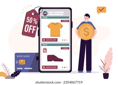 Online shop application on smartphone. Shopping on internet, marketplace. consumer uses credit card to pay for an order in online store. Sale, discounts, ecommerce technologies. vector illustration